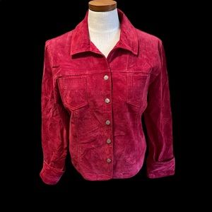 Live A Little cherry red leather suede jacket.